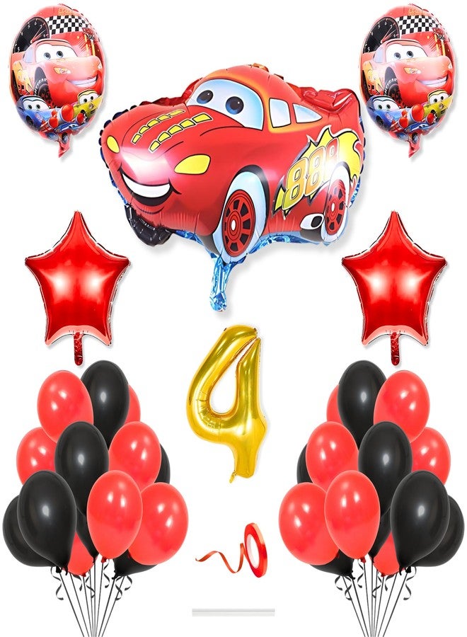 Flyloons 4th Car Theme Decoration for Birthday Red Black 4 year Baby Boys Girls Kids 5 Pcs Lightning Macqueen Theme 30 Pcs Metallic Balloons Decoration Kit Set Items 2 Pcs Red Star - Image 1